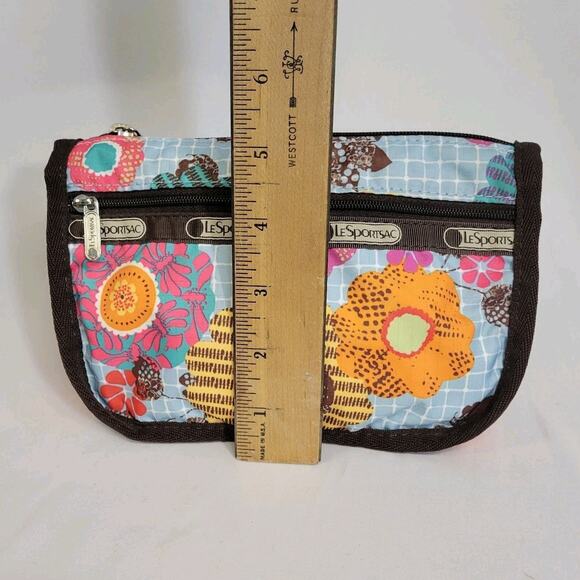 Lesportsac Blue Brown Pink Floral Nylon 5"x7'x2.5" Make Up Toiletry Bag Pouch - Picture 9 of 10